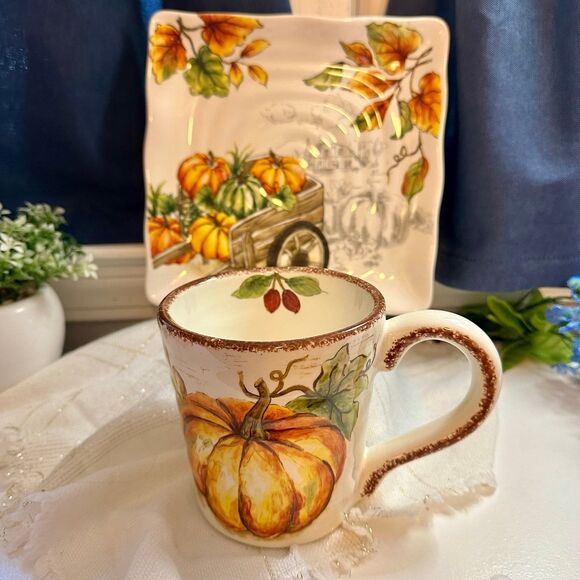 Maxcera Ceramic 20oz Pumpkin Maxcera Ceramic 20oz Pumpkin Coffee Mug and Plate - Picture 1 of 11